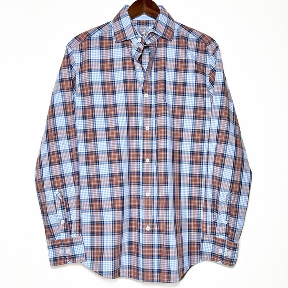 Bugatchi Other - Bugatchi Mens Plaid Blue Brown Logo Embroidered Long Sleeve Buttondown Shirt